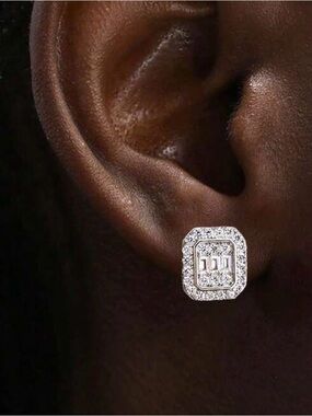 Sterling Silver Cubic Zirconia Square Stud Earrings - White